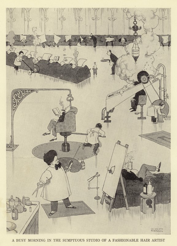 Kiireinen aamu muodikkaan hiustaiteilijan ylellisessä studiossa tekijältä William Heath Robinson