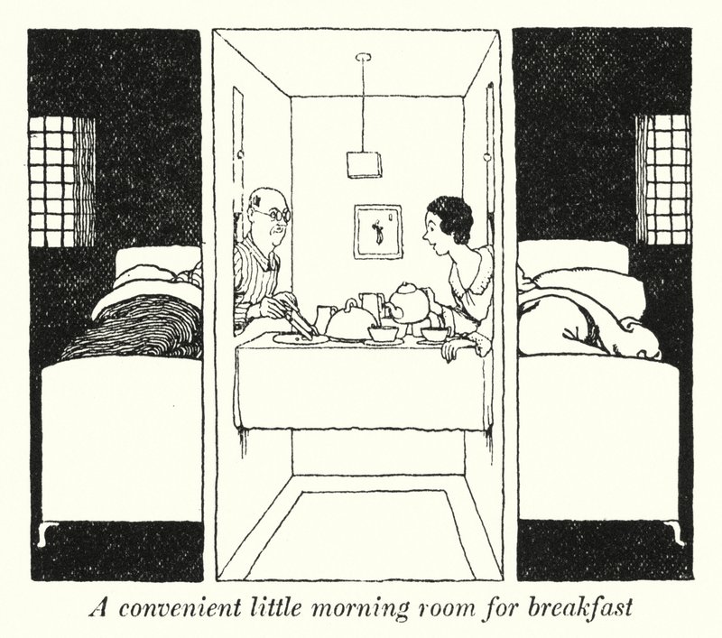 Kätevä pieni aamuhuone aamiaista varten (litho) tekijältä William Heath Robinson