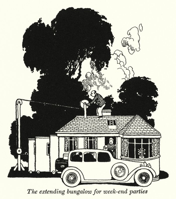 Laajentuva bungalow viikonloppujuhliin (litho) tekijältä William Heath Robinson