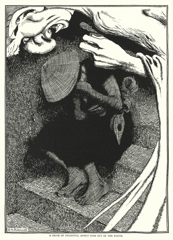 Pelottavan näköinen henki nousi maasta (kaiverrus) tekijältä William Heath Robinson
