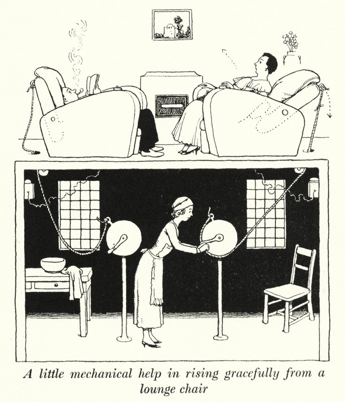 Hieman mekaanista apua nousemiseen kauniisti lepotuolista (litho) tekijältä William Heath Robinson