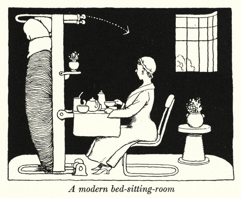 Moderni makuuhuone (litho) tekijältä William Heath Robinson