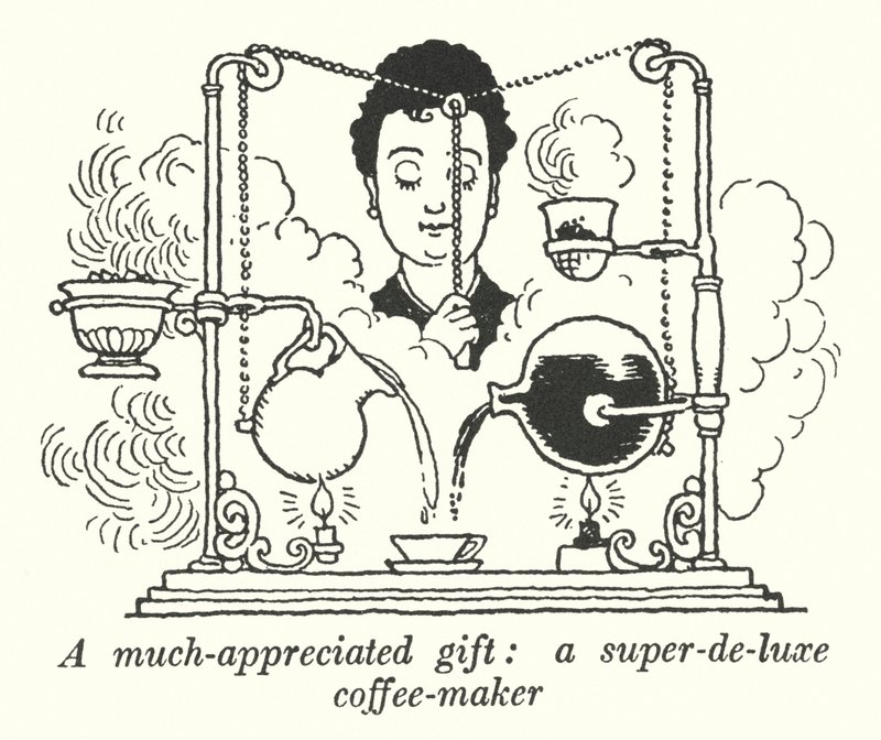 Arvostettu lahja, super-de-luxe-kahvinkeitin (litho) tekijältä William Heath Robinson