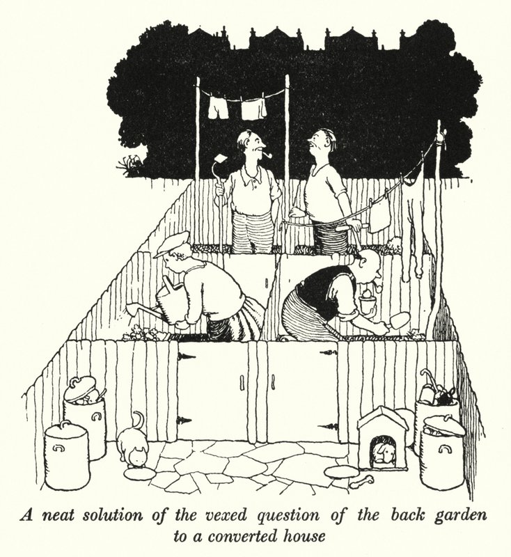 Siisti ratkaisu kiusalliseen kysymykseen takapihasta kunnostettuun taloon (litho) tekijältä William Heath Robinson