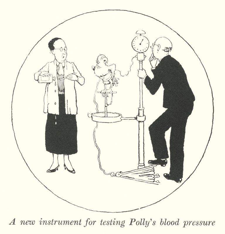 Uusi instrumentti Pollyn verenpaineen mittaamiseen (litho) tekijältä William Heath Robinson