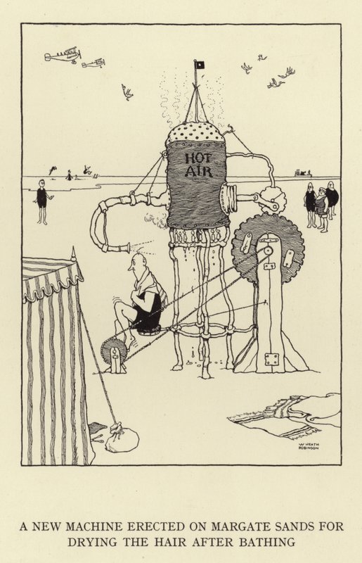 Margate Sandsiin pystytettiin uusi kone hiusten kuivaamiseen kylvyn jälkeen tekijältä William Heath Robinson
