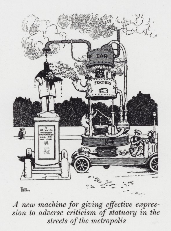 Uusi kone, joka antaa tehokkaan ilmaisun metropolin kaduilla sijaitsevien patsaiden kielteiselle kritiikille (litho) tekijältä William Heath Robinson