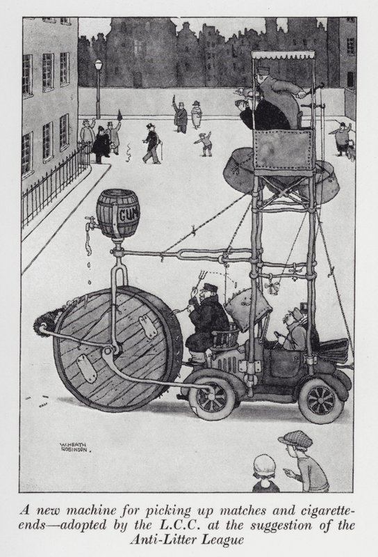 Uusi kone tulitikkujen ja tupakanpäiden poimimiseen, jonka LCC on hyväksynyt Anti-Litter Leaguen (litho) ehdotuksesta tekijältä William Heath Robinson