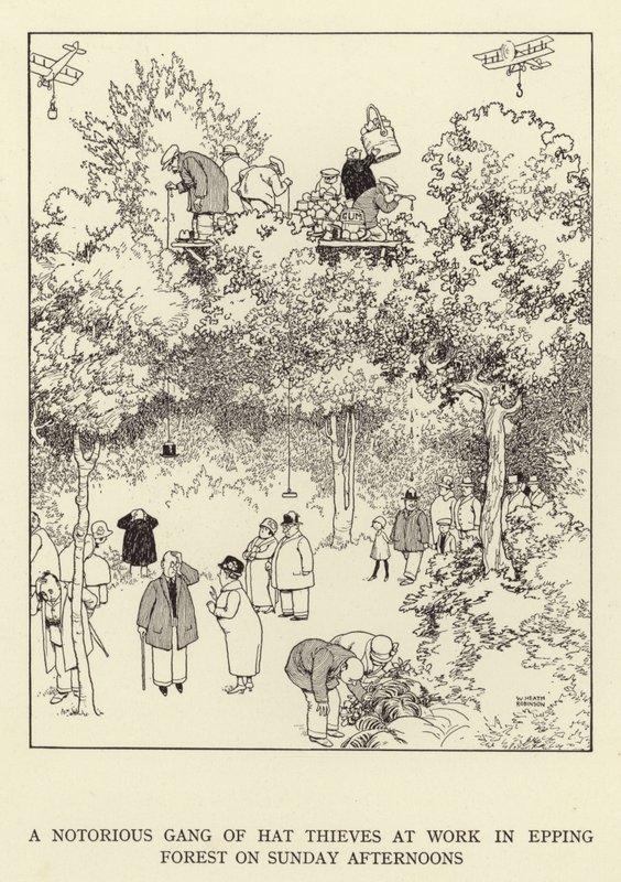 Pahamaineinen hattuvarasjengi töissä Epping Forestissa sunnuntai-iltapäivisin tekijältä William Heath Robinson
