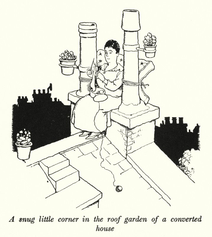 Kodikas pieni nurkka muunnetun talon kattopuutarhassa (litho) tekijältä William Heath Robinson