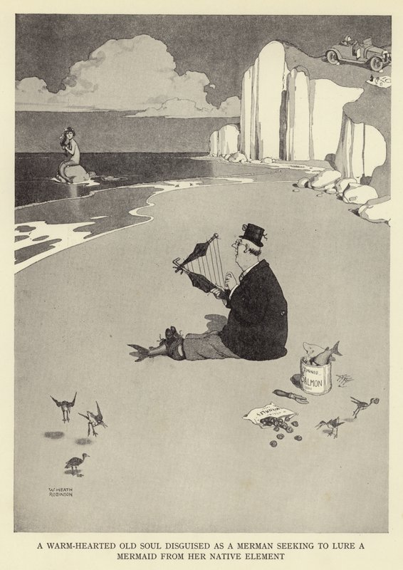 Merenmieheksi naamioitunut lämminsydäminen vanha sielu, joka yrittää houkutella merenneitoa alkuperäisestä elementistään tekijältä William Heath Robinson