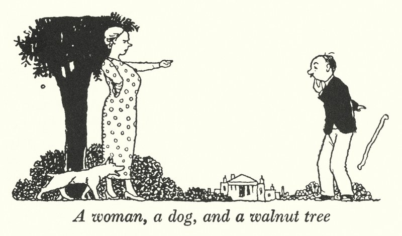Nainen, koira ja pähkinäpuu (litho) tekijältä William Heath Robinson