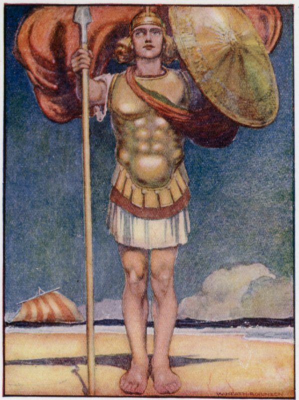 Akhilleus, jalkaisin ja rohkein kreikkalaisista sankareista (väri litho) tekijältä William Heath Robinson