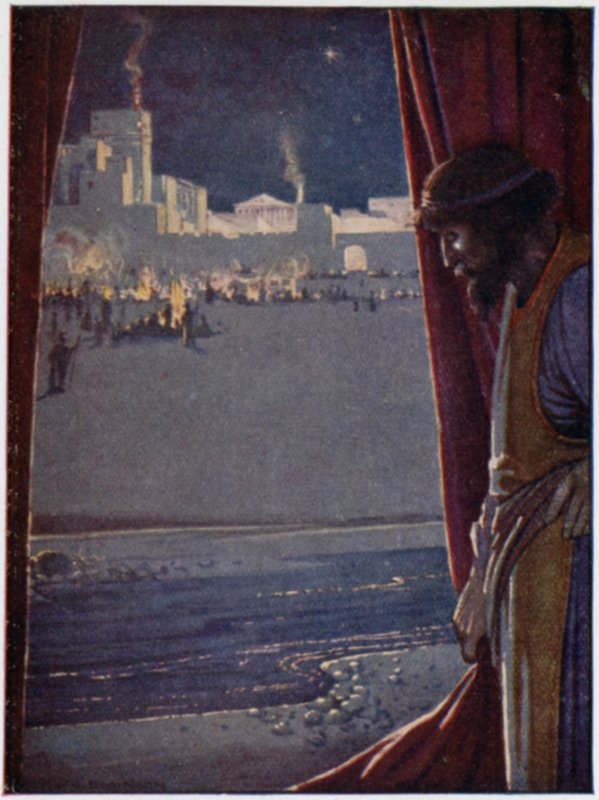 Agamemnon kuuli piippujen ja huilujen äänen sekä ihmisten naurun troijalaisten juhliessa ja ilahduttaessa (värilitho) tekijältä William Heath Robinson