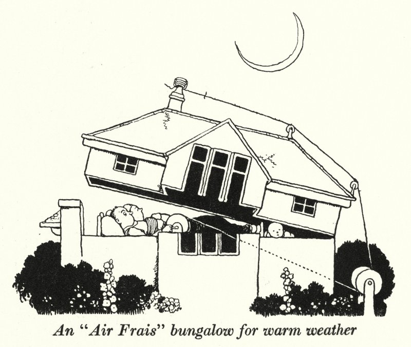 "Air Frais" -bungalow lämpimälle säälle (litho) tekijältä William Heath Robinson