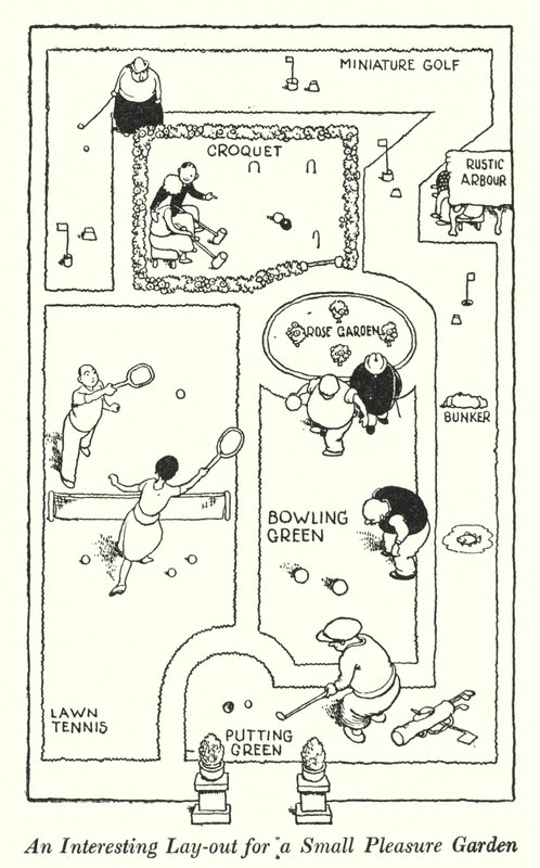 Mielenkiintoinen ulkoasu pienelle huvipuutarhalle (litho) tekijältä William Heath Robinson