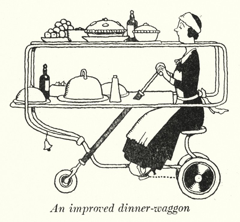Parannettu illallisvaunu (litho) tekijältä William Heath Robinson