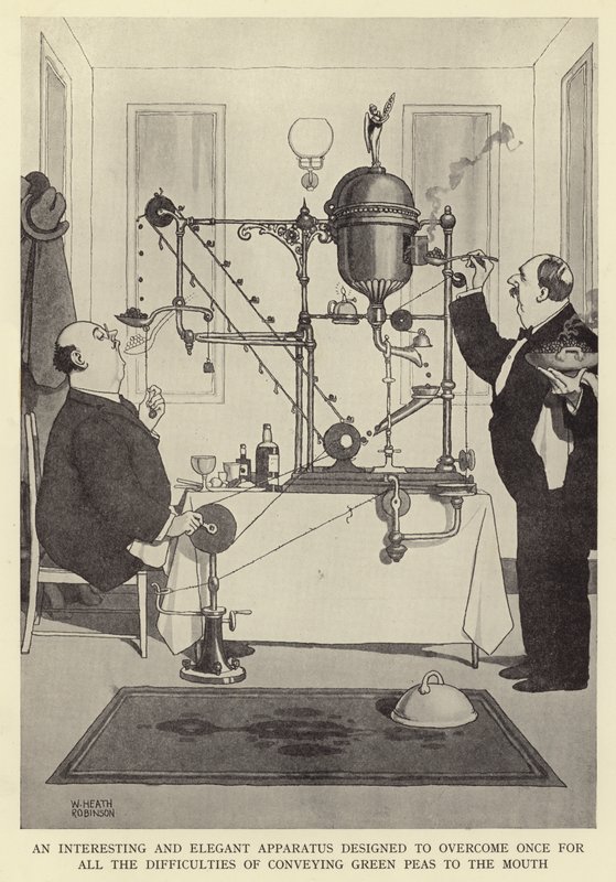 Mielenkiintoinen ja tyylikäs laite, joka on suunniteltu voittamaan kerta kaikkiaan vihreiden herneiden suuhun kulkeutumisen vaikeudet tekijältä William Heath Robinson