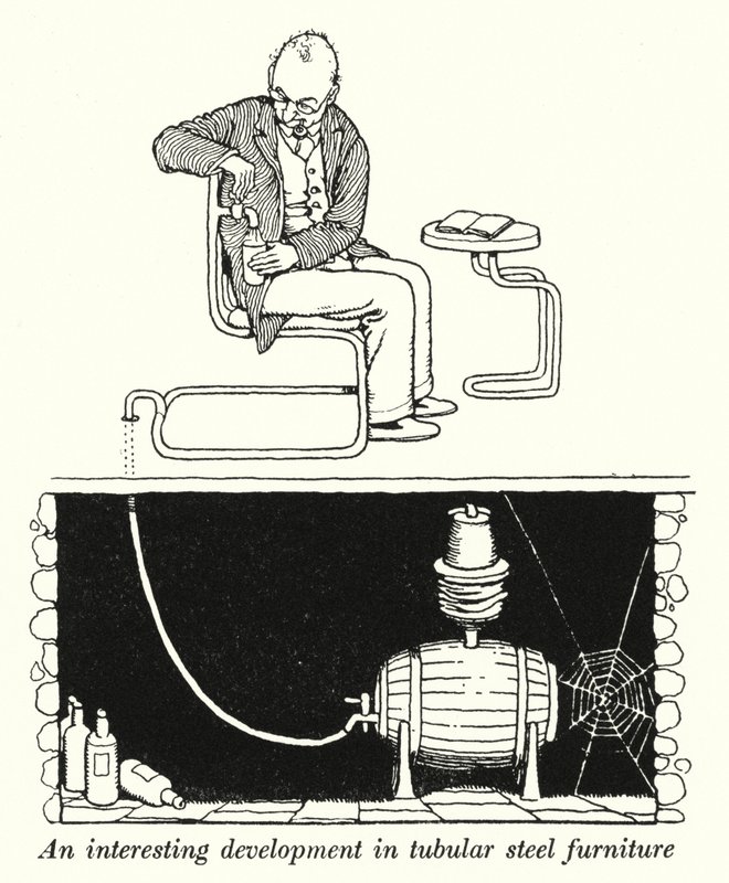 Mielenkiintoinen kehitys putkimaisissa teräshuonekaluissa (litho) tekijältä William Heath Robinson