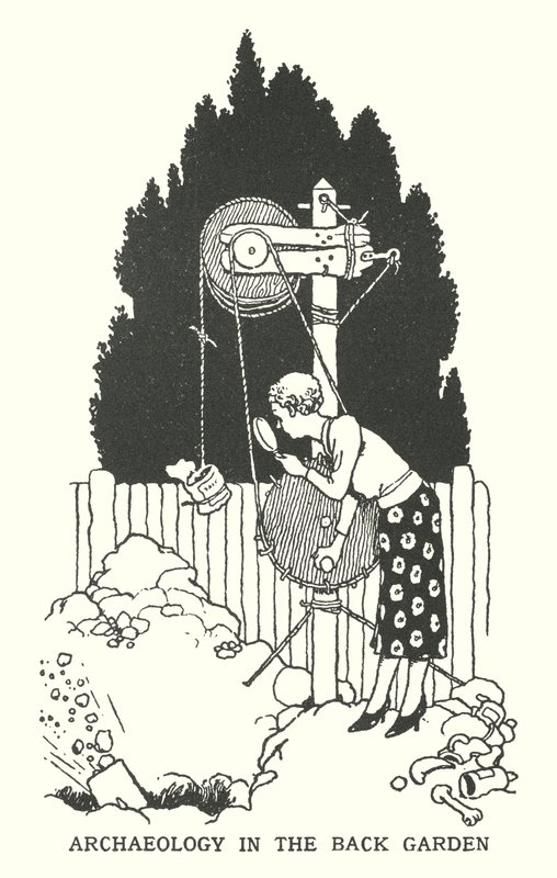 Arkeologia takapuutarhassa (litho) tekijältä William Heath Robinson