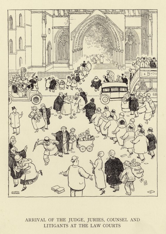 Tuomarin, valamiehistön, asianajajan ja asianosaisten saapuminen tuomioistuimiin tekijältä William Heath Robinson