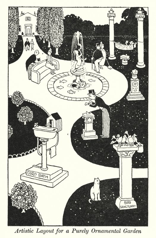 Taiteellinen ulkoasu puhtaasti koristepuutarhalle (litho) tekijältä William Heath Robinson