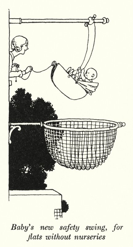 Vauvan uusi turvakeinu, asuntoihin ilman lastenhuoneita (litho) tekijältä William Heath Robinson