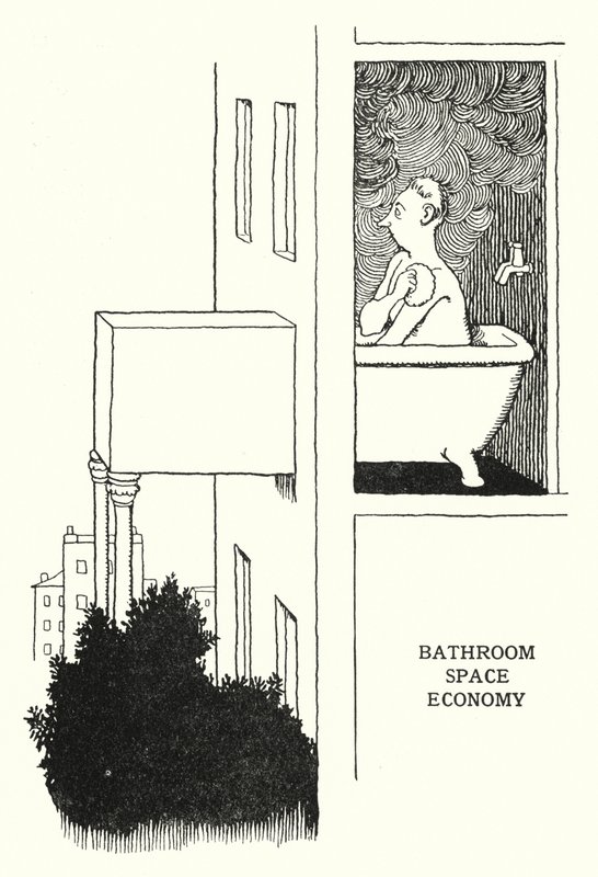 Kylpyhuone Space Economy (litho) tekijältä William Heath Robinson