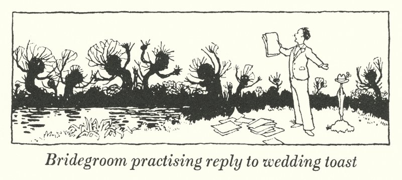 Sulhanen harjoittelee vastausta häämaljaan (litho) tekijältä William Heath Robinson