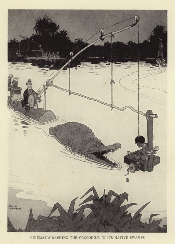 Kuvaamassa krokotiilia sen alkuperäisissä suoissa tekijältä William Heath Robinson