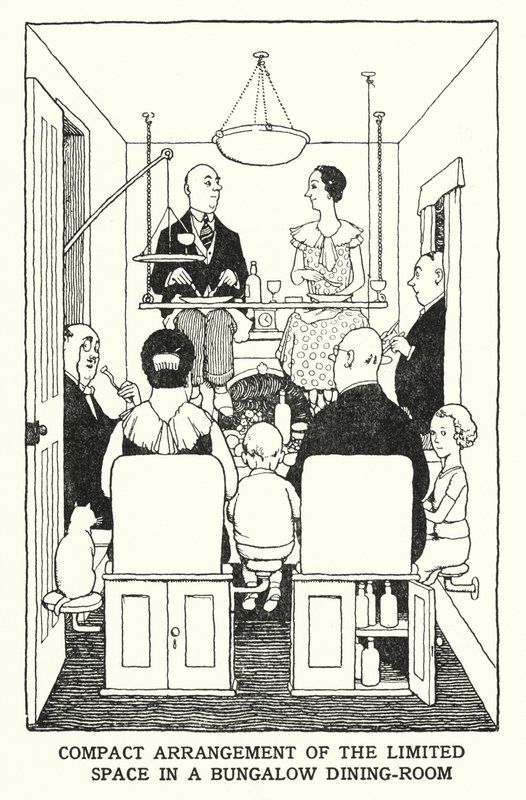 Rajoitetun tilan kompakti järjestely bungalow-ruokailuhuoneessa (litho) tekijältä William Heath Robinson