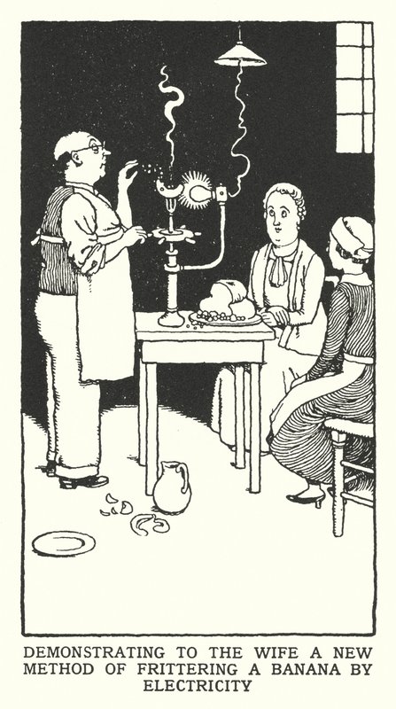 Esittelemme vaimolle uutta menetelmää banaanin paahtamiseksi sähköllä (litho) tekijältä William Heath Robinson