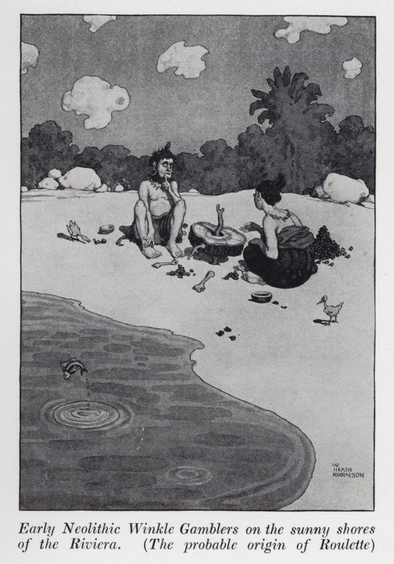 Varhaisen neoliittisen Winkle-pelaajia Rivieran aurinkoisilla rannoilla, ruletin (litho) todennäköinen alkuperä tekijältä William Heath Robinson