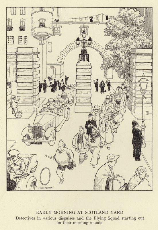 Varhainen aamu Scotland Yardissa, eri valeasuihin pukeutuneet etsivät ja lentävä osasto lähtevät aamukierrokselle. tekijältä William Heath Robinson