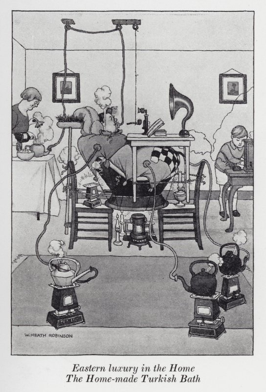 Itämaista luksusta kodissa, kotitekoinen turkkilainen sauna (litho) tekijältä William Heath Robinson