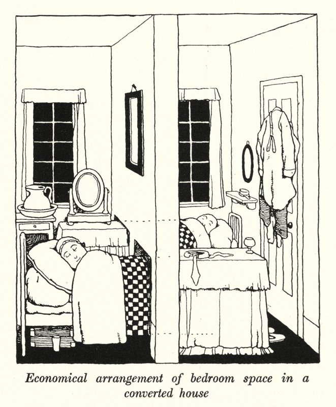 Taloudellinen makuuhuoneen järjestely remontoidussa talossa (litho) tekijältä William Heath Robinson