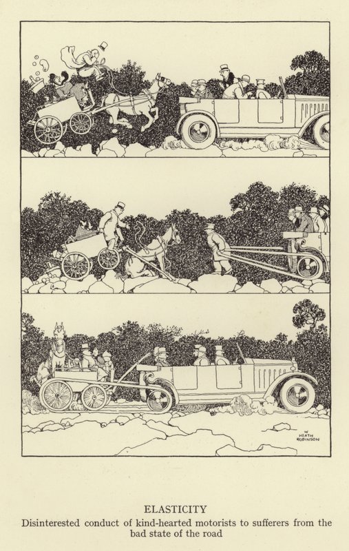 Joustavuus, hyväsydäminen autoilijoiden epäitsekäs käytös tien huonosta kunnosta kärsiviä kohtaan. tekijältä William Heath Robinson