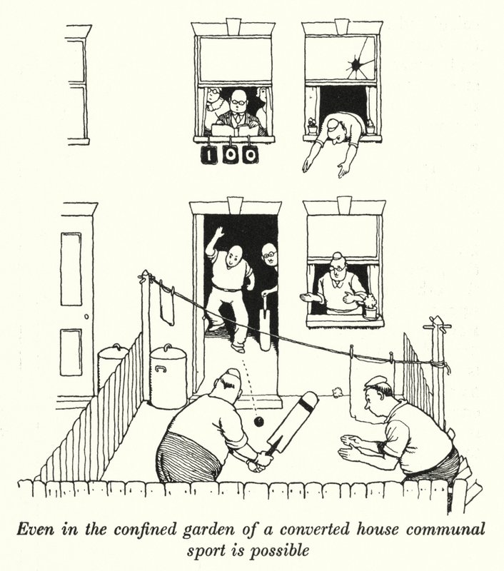 Jopa entisen talon ahtaassa puutarhassa yhteisurheilu on mahdollista (litho) tekijältä William Heath Robinson