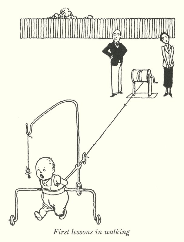 Ensimmäiset kävelytunnit (litho) tekijältä William Heath Robinson