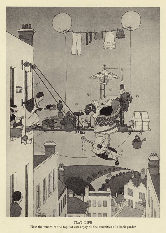 Asuntoelämää, kuinka huippuasunnon vuokralainen voi nauttia kaikista takapihan mukavuuksista tekijältä William Heath Robinson