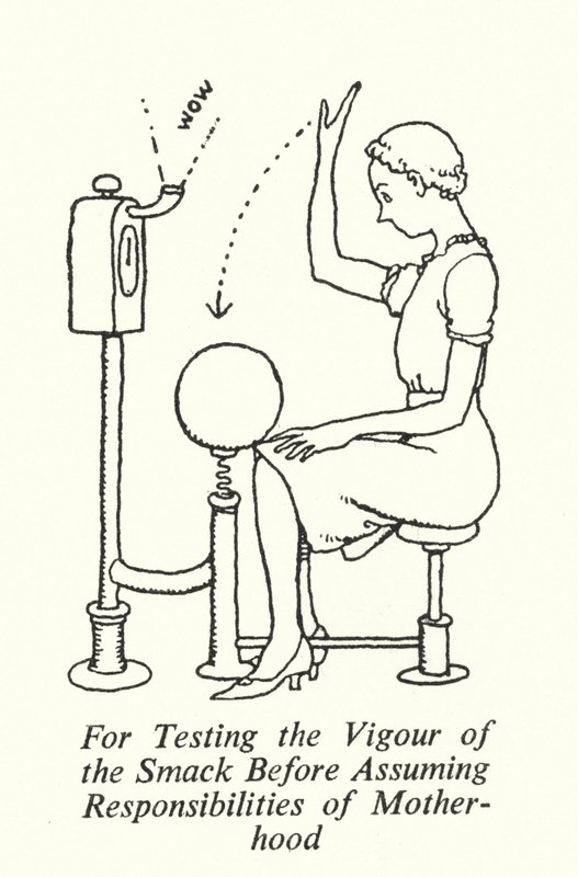 Smackin voimakkuuden testaamiseen ennen äitiyden velvollisuuksien ottamista (litho) tekijältä William Heath Robinson