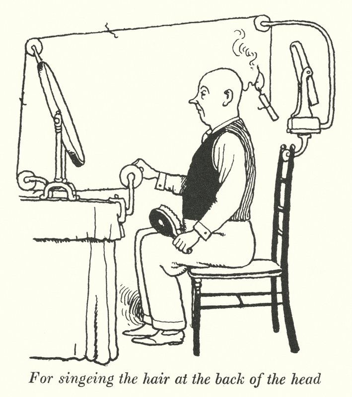 Hiusten kuorimiseen pään takaosassa (litho) tekijältä William Heath Robinson