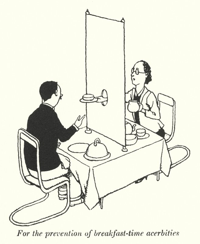 Aamiaisaikojen pahoinvoinnin ehkäisyyn (litho) tekijältä William Heath Robinson