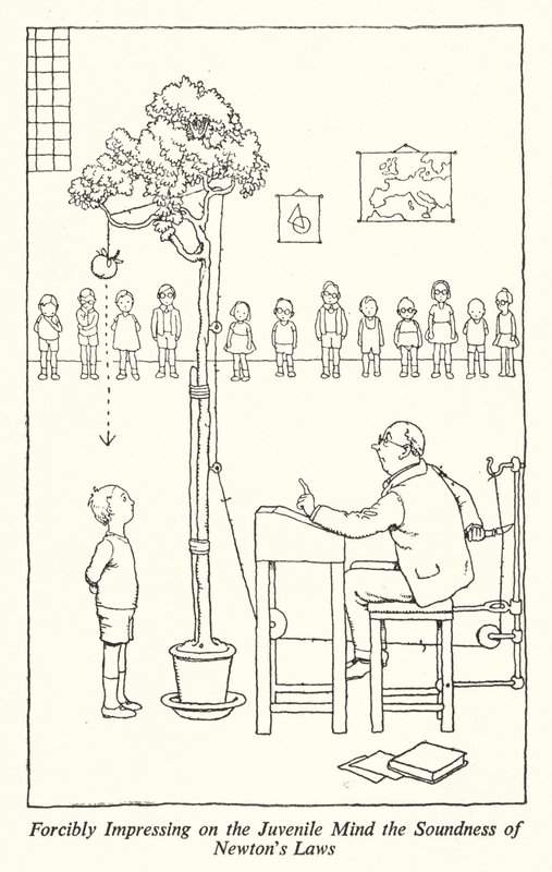 Tehdä väkisin vaikutuksen nuorten mieleen Newtonin lakien järkevyys (litho) tekijältä William Heath Robinson