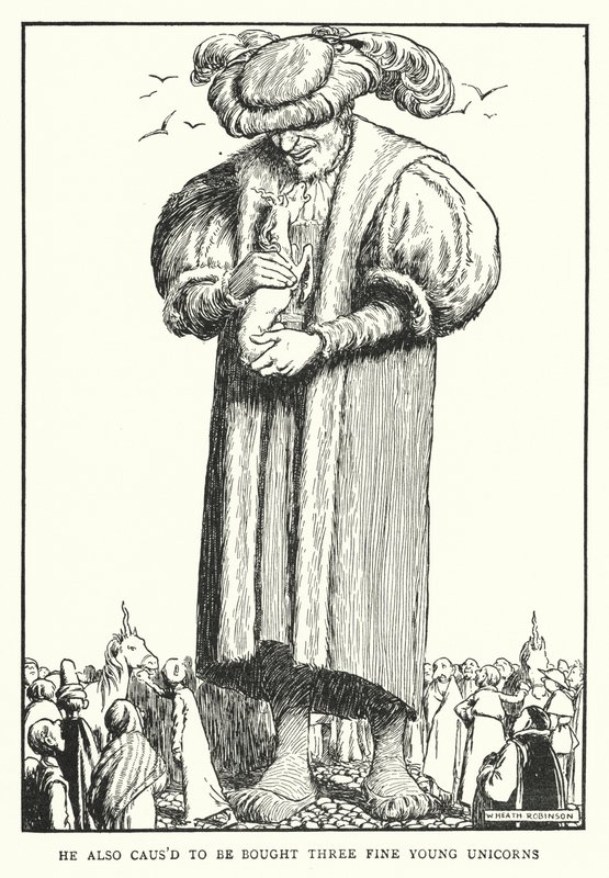 Hänelle ostettiin myös kolme hienoa nuorta yksisarvista (litho) tekijältä William Heath Robinson
