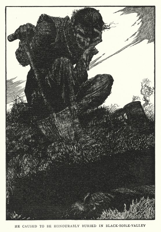 Hänet haudattiin kunniallisesti Black-soile-laaksoon (litho) tekijältä William Heath Robinson