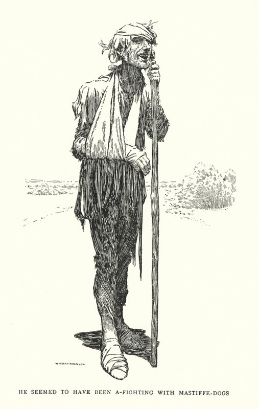 Hän näytti taisteleneen mastiffikoirien kanssa (litho) tekijältä William Heath Robinson