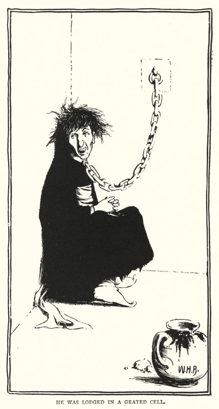 Hänet majoitettiin raastettuun selliin (kaiverrus) tekijältä William Heath Robinson
