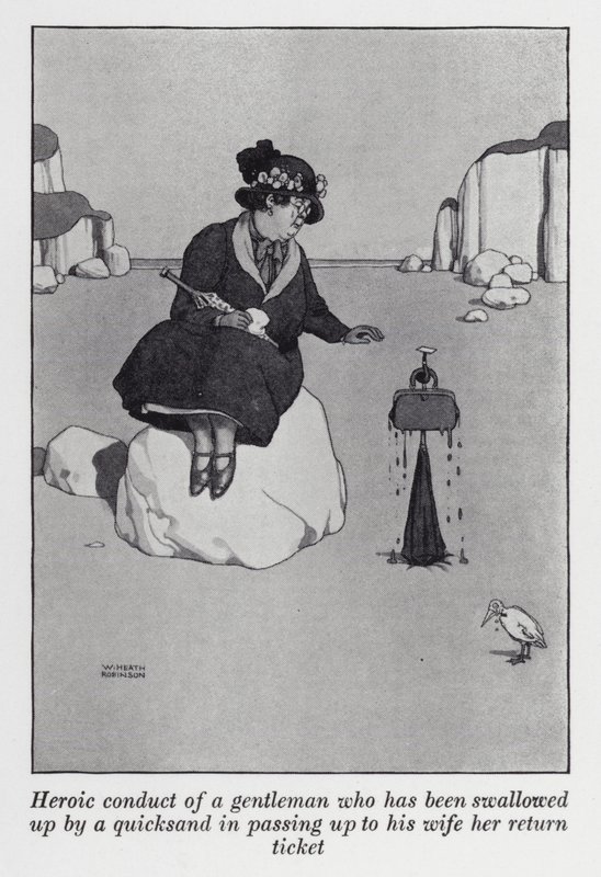 Juoksuhiekan nielaiseman herrasmiehen sankarillinen käytös luovuttaessaan vaimolleen paluulippunsa (litho) tekijältä William Heath Robinson