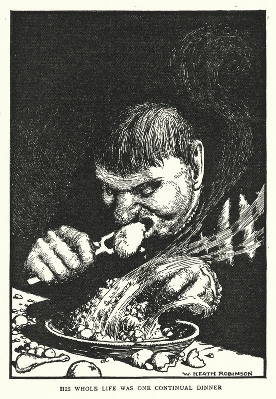 Hänen koko elämänsä oli yhtä jatkuvaa illallista (litho) tekijältä William Heath Robinson